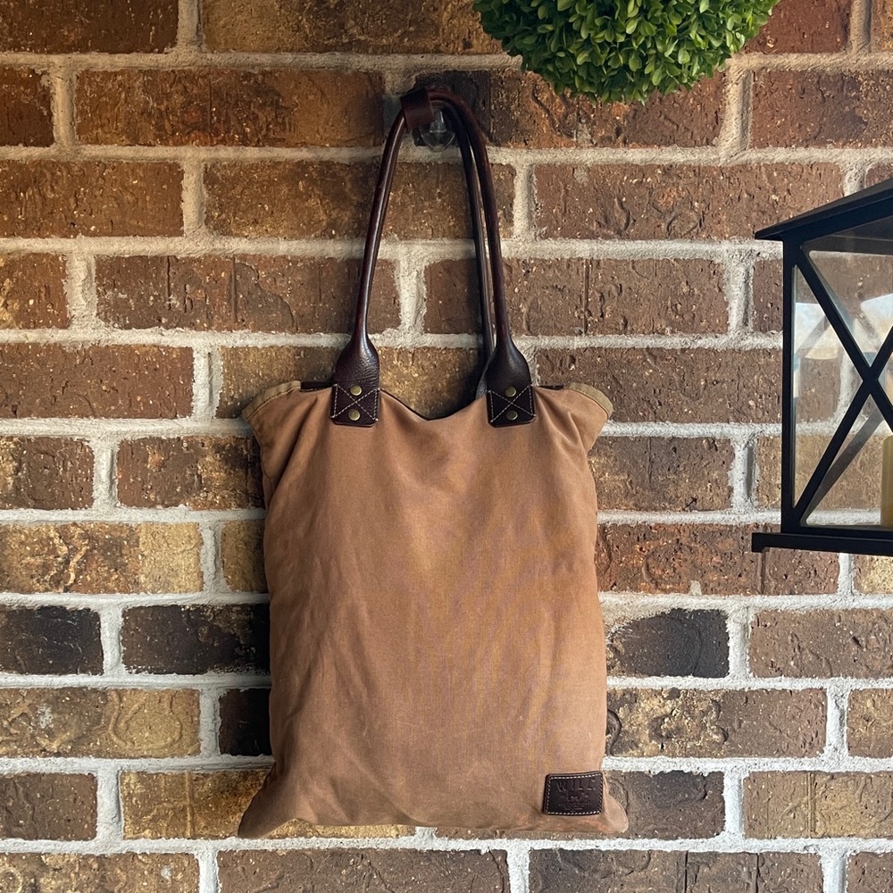 WILL Leather Goods Tan Canvas Bag with Dark Brown Leather Patch